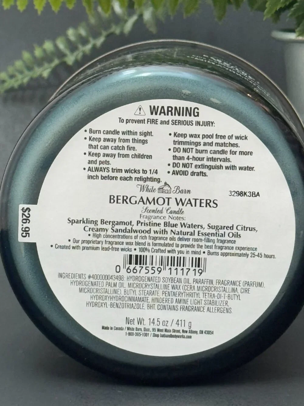 BBW Bergamot Waters White Barn Bath & Body Works 3 Wick Candle - Picture 9 of 10